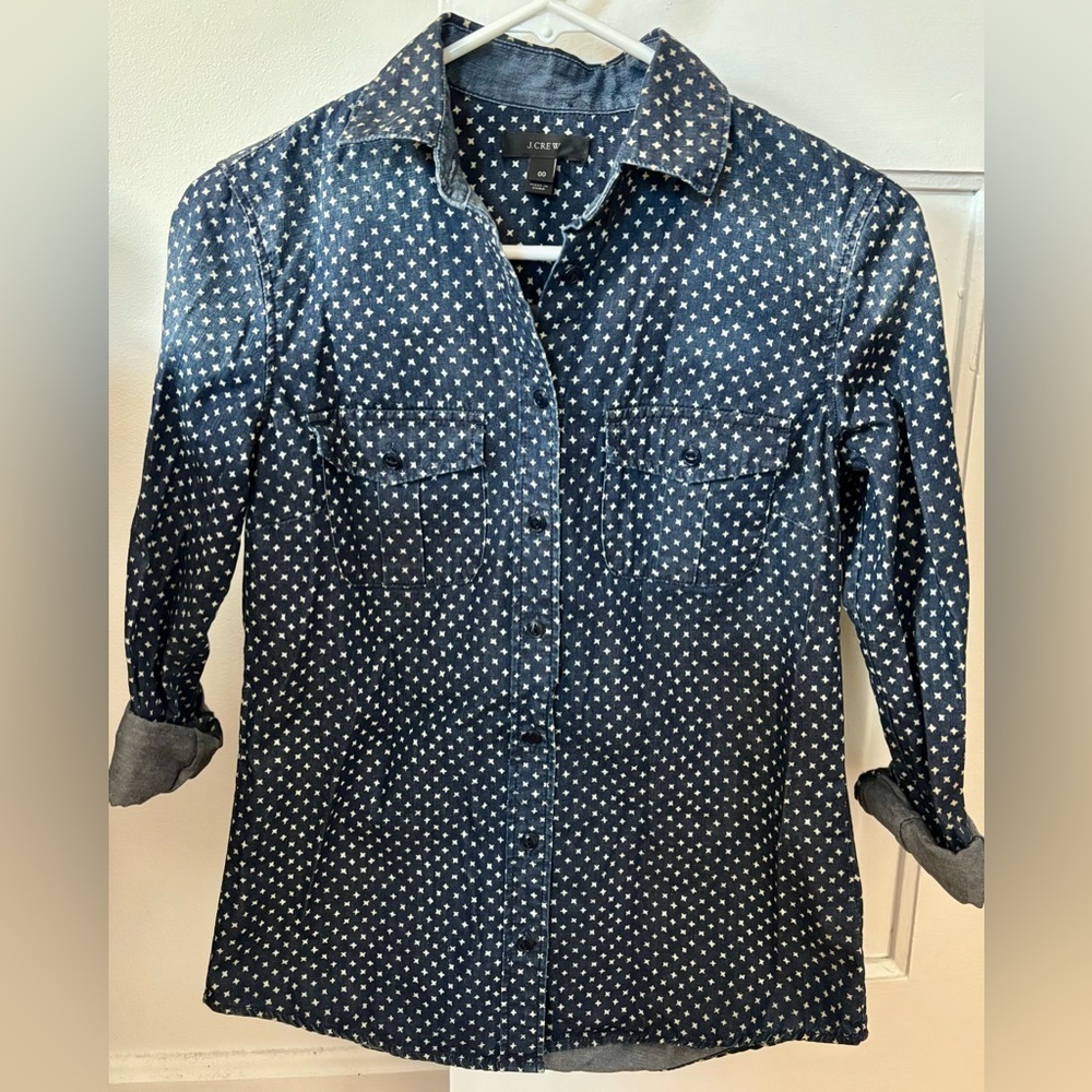 J.Crew Star Print Chambray Button Down Shirt XXS 00 NWOT